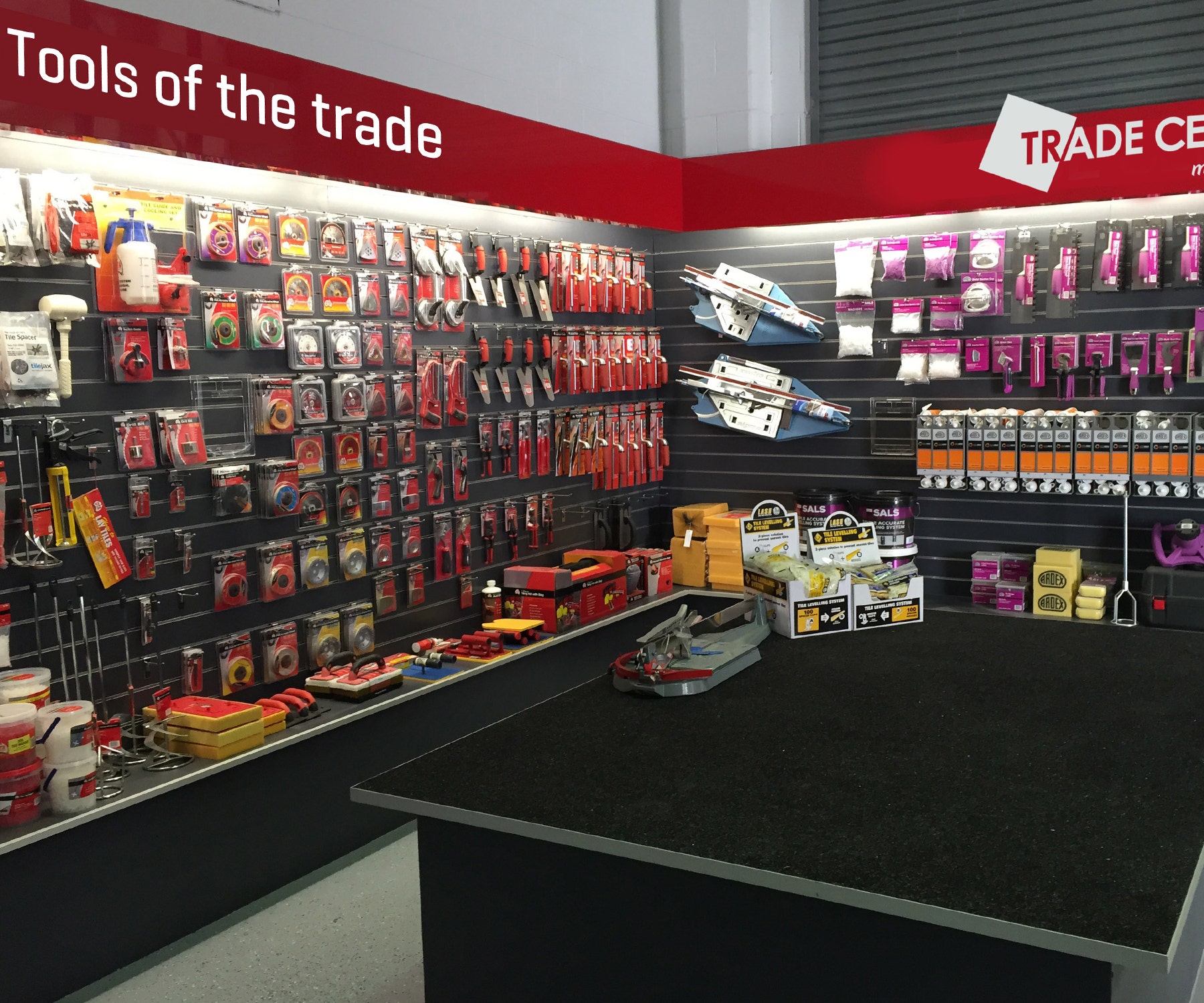 A wall full of tools and trade products in one of the Beaumont Tiles Trade Centrals