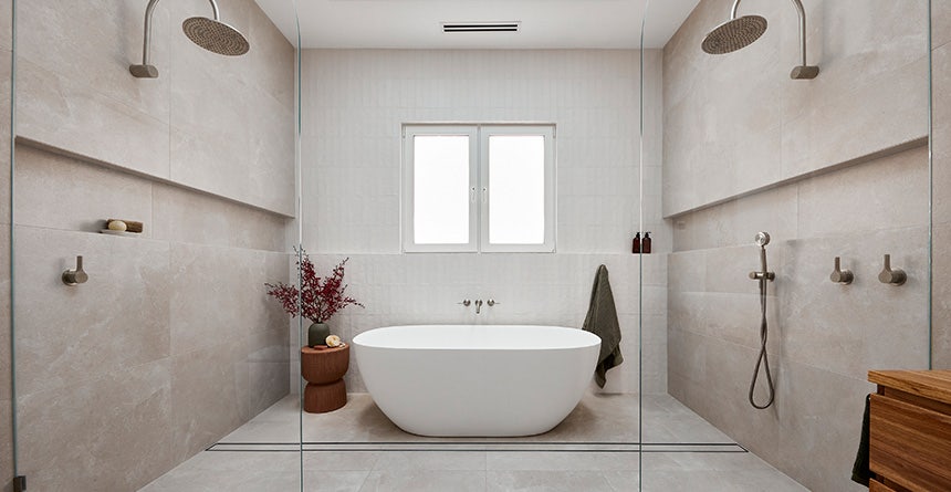 modern and traditional bathroom design floor to ceiling omni stone tiles