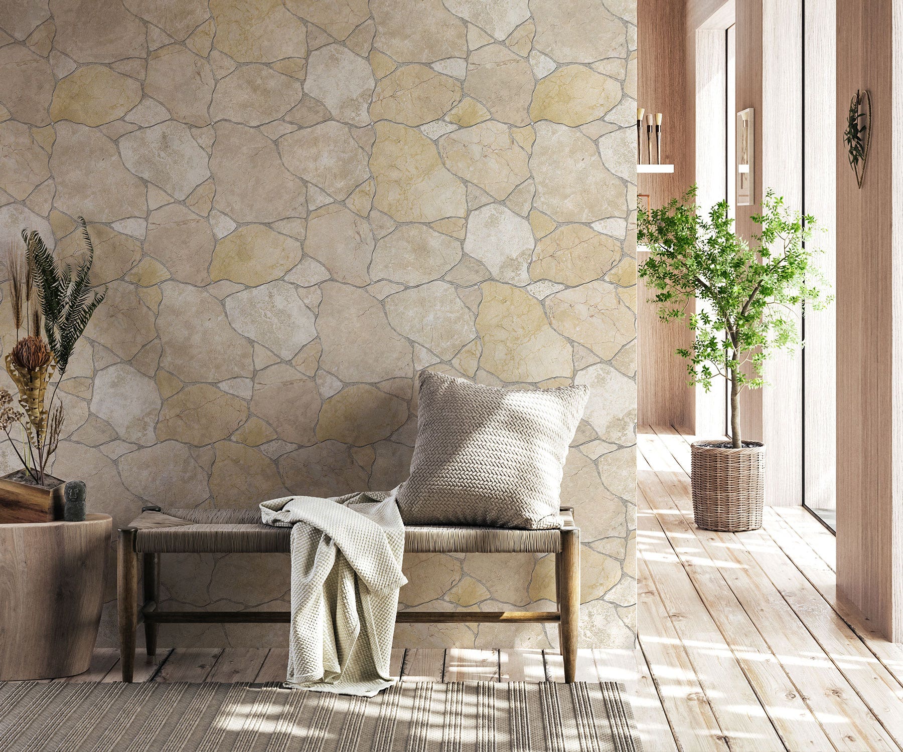 A minimalist living room with a stone-effect feature wall, wooden flooring, and natural light.