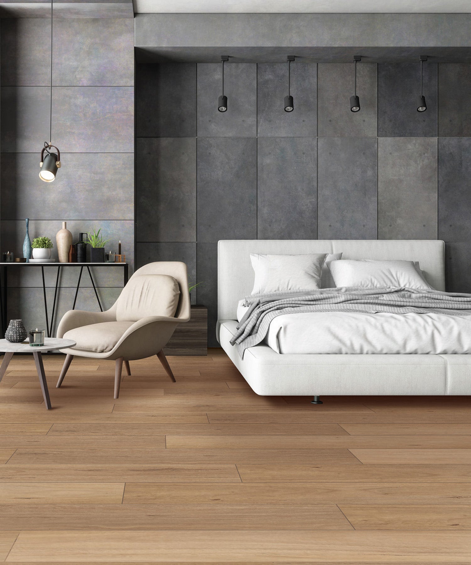 Stylish bedroom with Tranquil Blackbutt luxury vinyl plank flooring, minimalist decor, and grey feature wall.