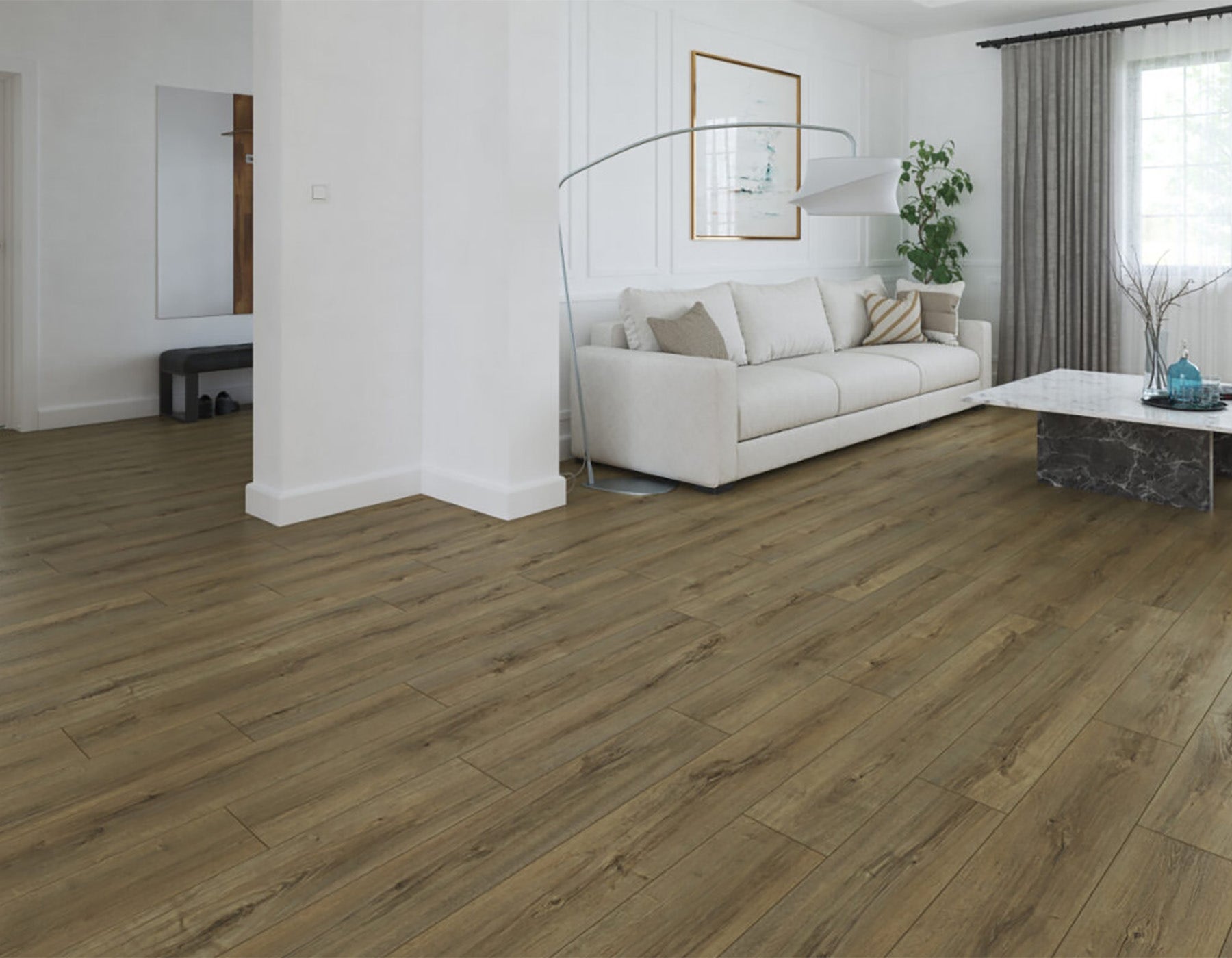 Open Living room with Brooklyn Brownstone Oak Laminate flooring.