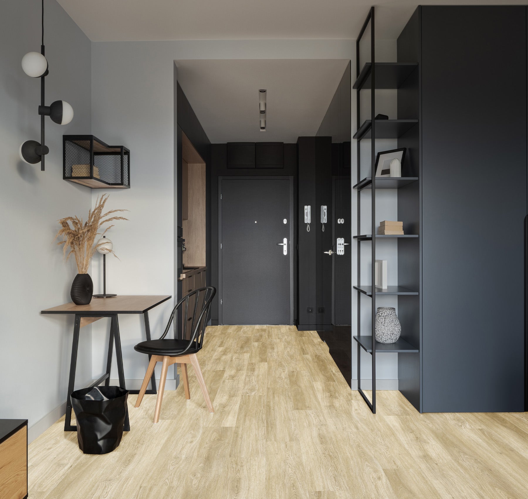 Open plan living with Mystic Moon Oak Water Resistant Laminate flooring.