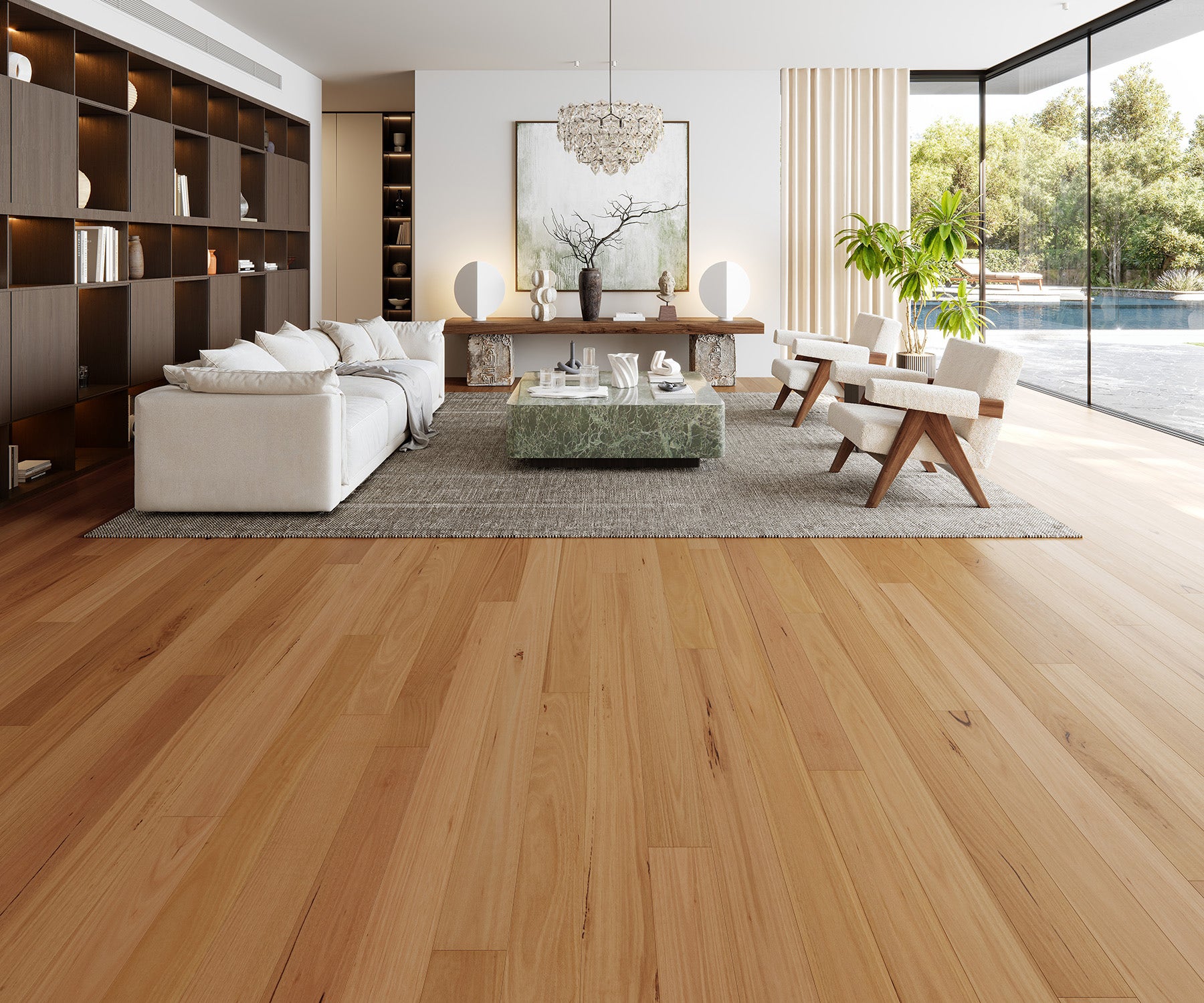 Modern living room featuring Australis Blackbutt engineered timber flooring with textured finish, complemented by contemporary furniture and neutral decor.
