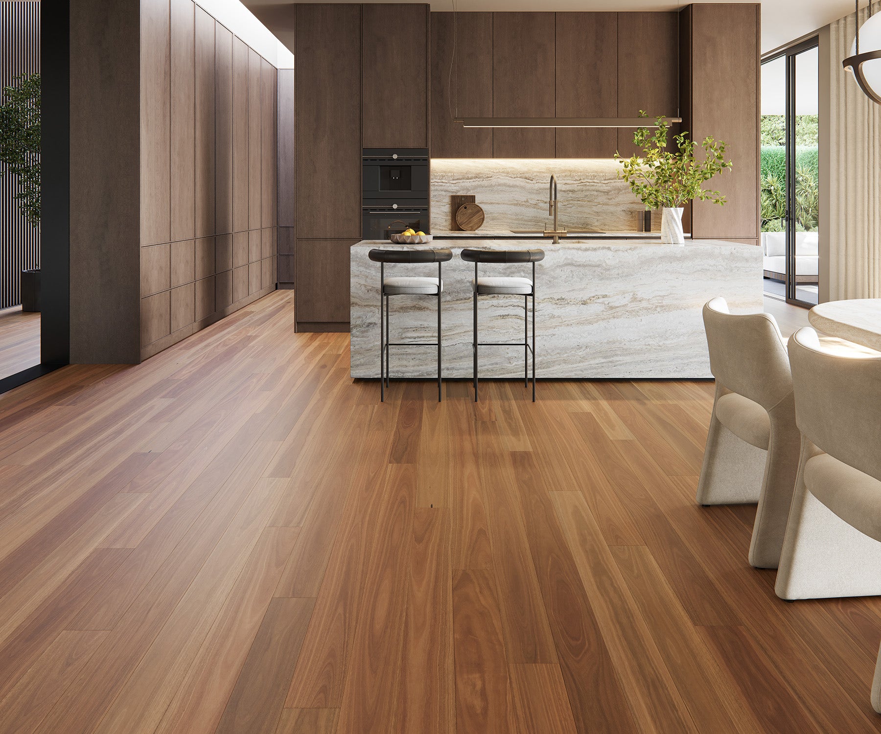 Modern kitchen with Australis Spotted Gum engineered timber flooring, stone island bench, and sleek cabinetry.