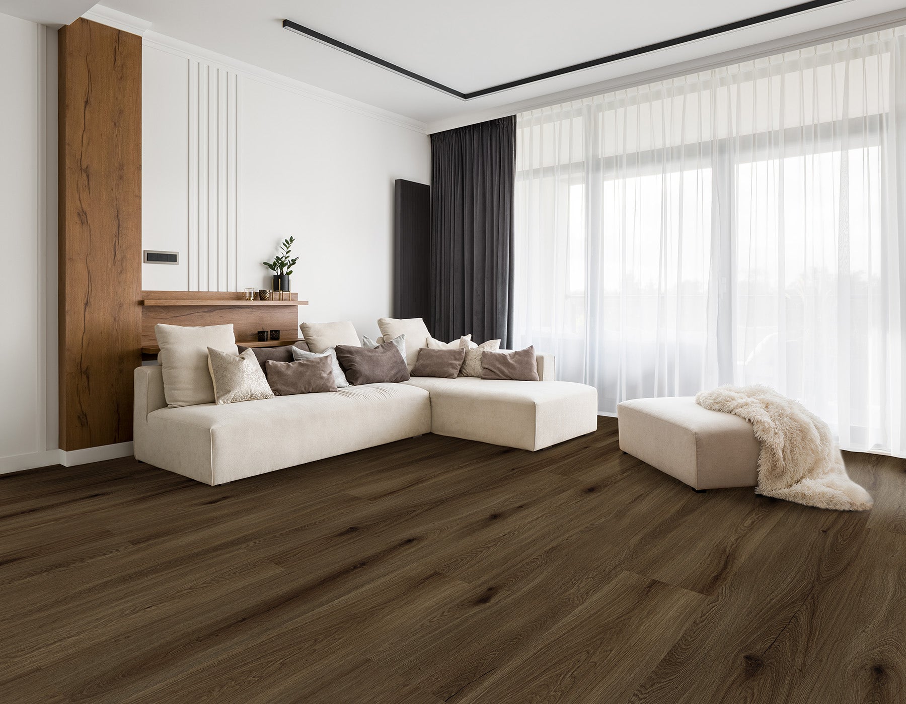 Living room with Evo Walnut Hybrid Textured flooring.