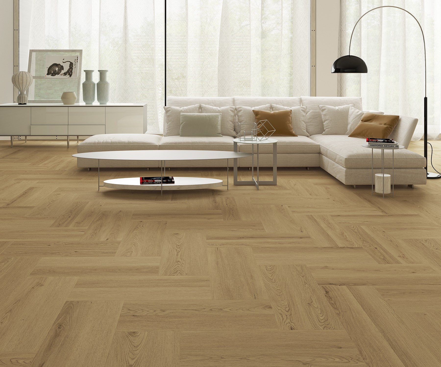 Living room with Charm Natural Oak Herringbone SPC Core hybrid flooring, featuring a light timber tone and modern herringbone pattern.