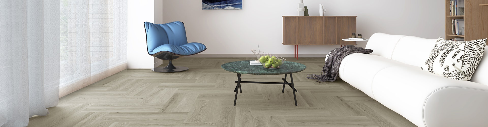 Modern living room featuring Charm Grey Oak Herringbone SPC Core hybrid flooring in a cool-toned timber look.
