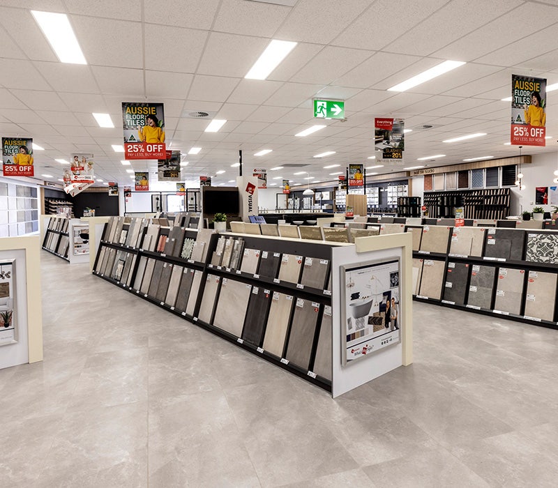 Beaumont Tiles store inside, wooden look floor tiles, tiles on display