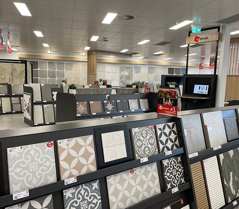 Beaumont Tiles store inside, wooden look floor tiles, tiles on display