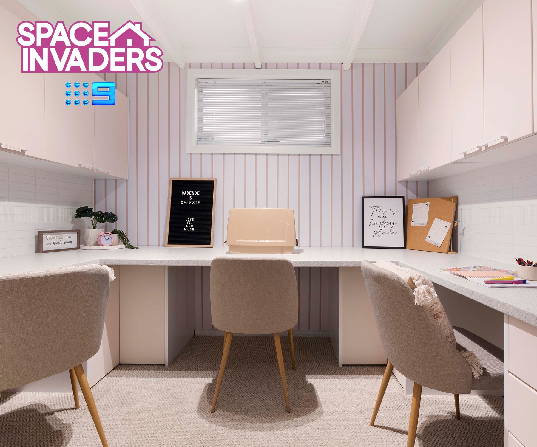 A pastel pink modern carpeted bright sewing room promoting episode 4 of the space invaders tv show 