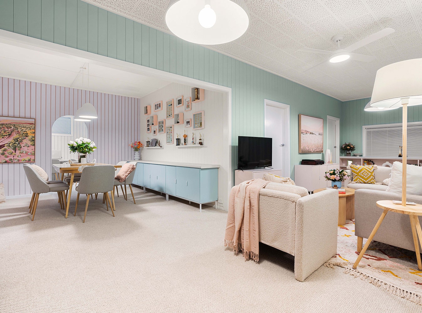 a renovated pastel coloured bright living room in Sandra's house