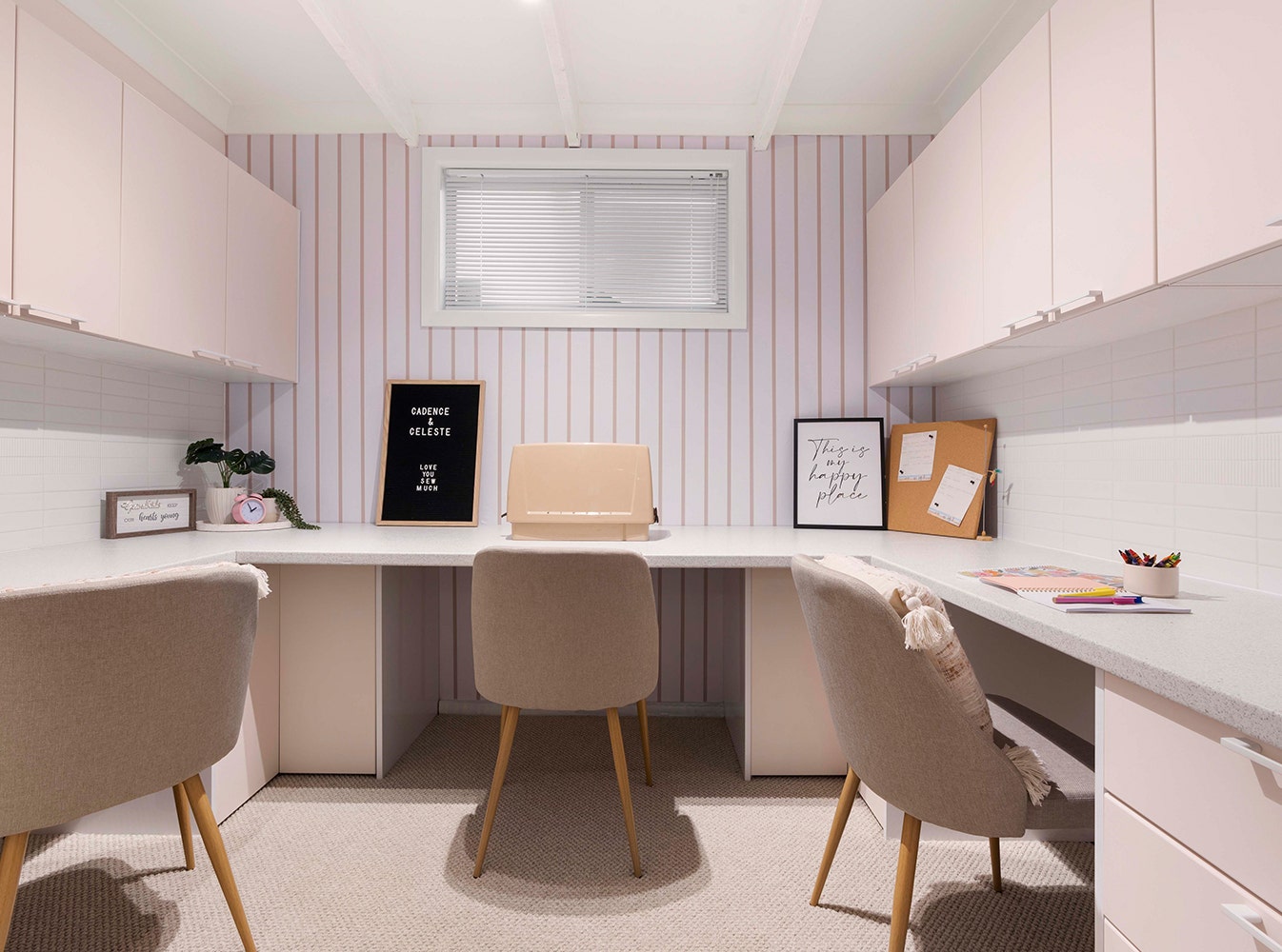 A pastel pink modern carpeted bright sewing room promoting episode 4 of the space invaders tv show
