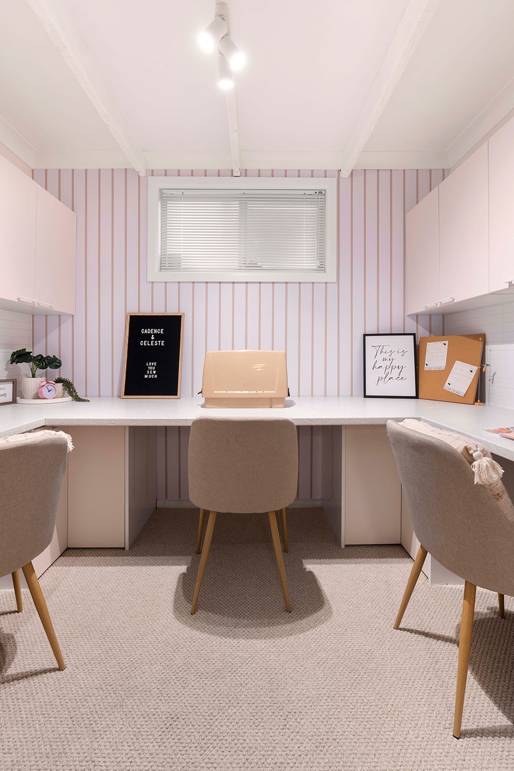 A pastel pink modern carpeted bright sewing room promoting episode 4 of the space invaders tv show