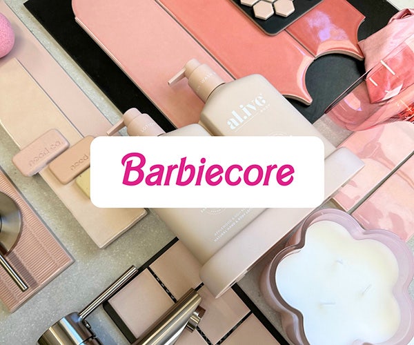 Vibrant Barbiecore tile promotion featuring pink haircare and matching pink bathroom tiles